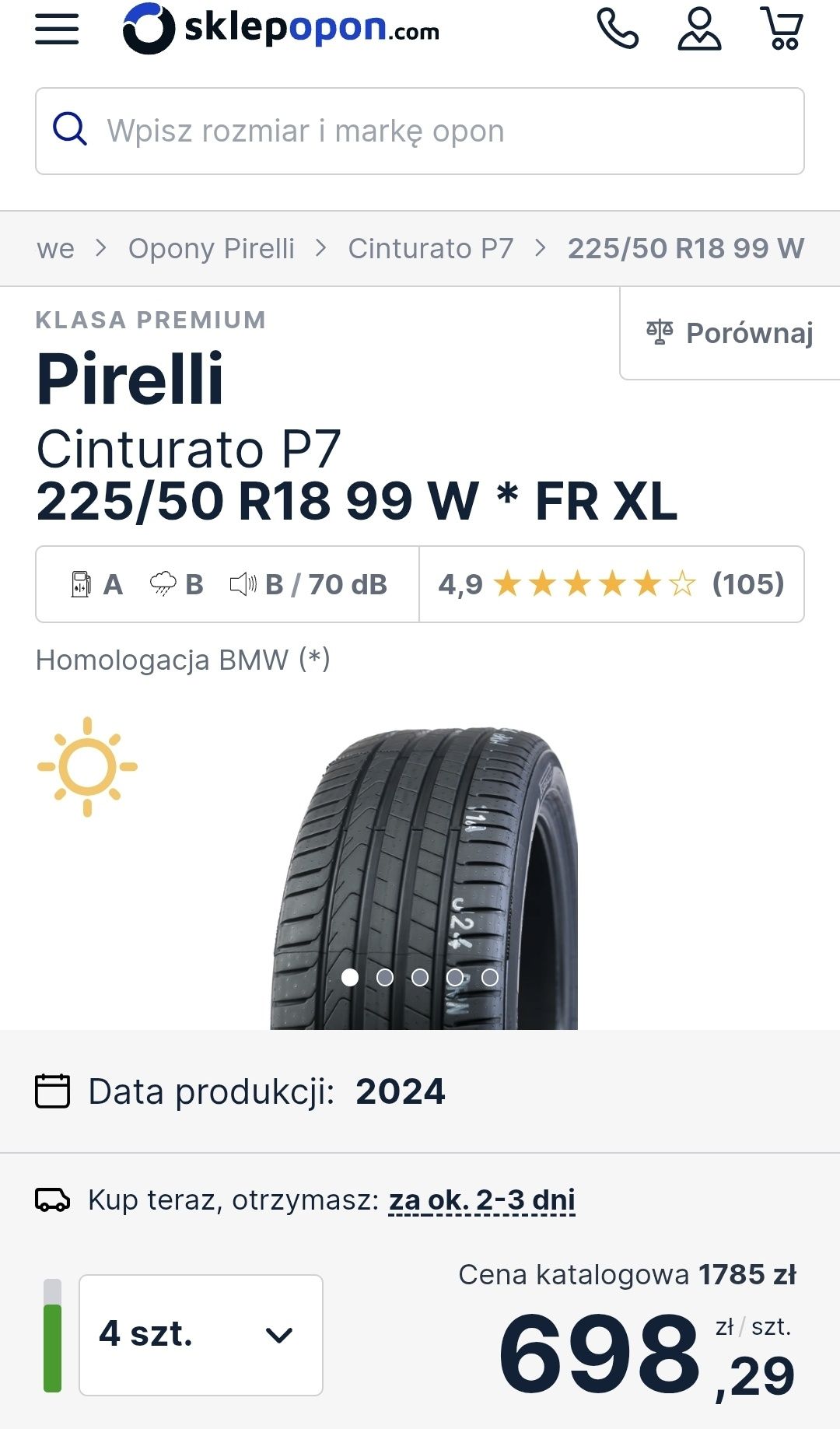 1000km 4x 18 2023r Pirelli P7 Cinturato 225/50/18 99W RSC XL