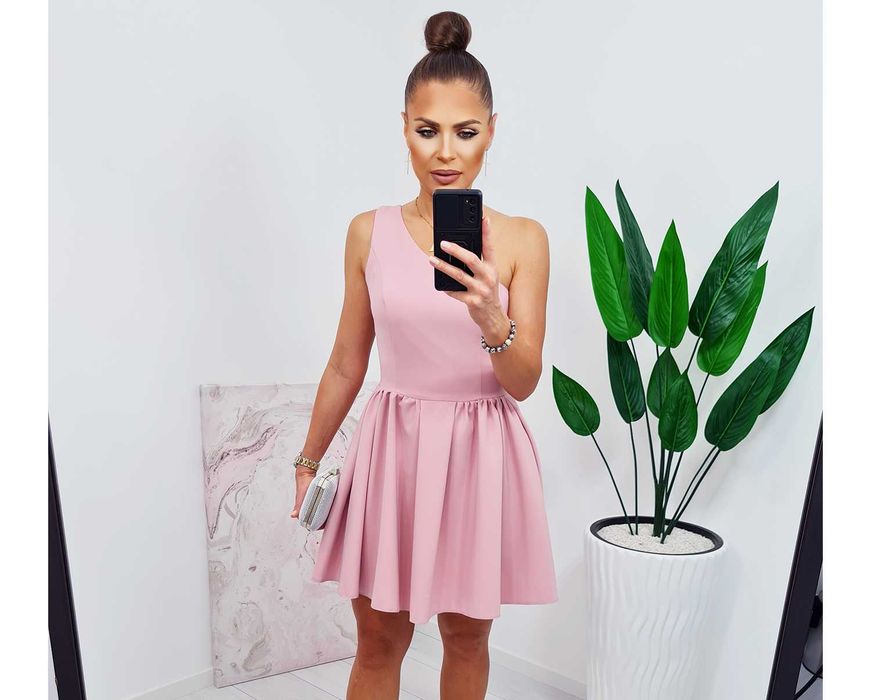 Sukienka na jedno ramię rozkloszowana pudrowy róż wesele M