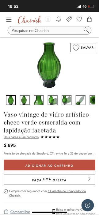 Vaso de vidro checo verde esmeralda com lapidação facetada antigo