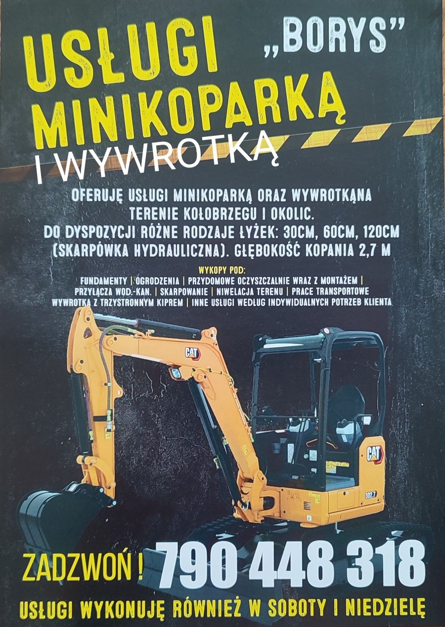 Usługi mini koparką 3tony i wywrotką o ład. 4.5 T Kołobrzeg i okolice