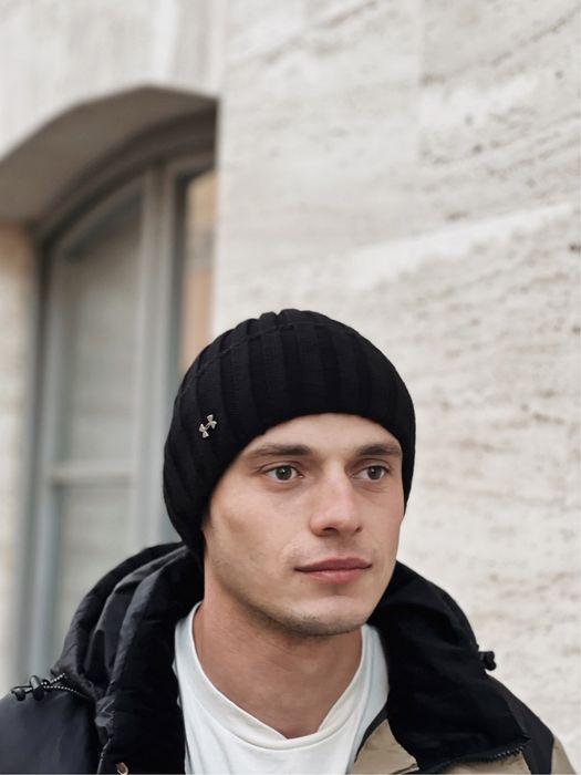 Мужская шапка Under Armour на флисе черная серая зимняя с отворотом