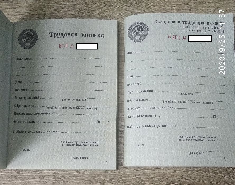 ВКЛАДИШ (додаток) до трудової книжки СССР, образца 1974 г., оригінал