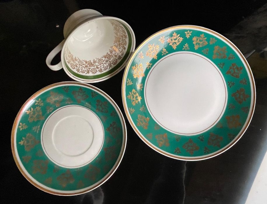 Stara porcelana zestaw śniadaniowy TRIO złoto zieleń