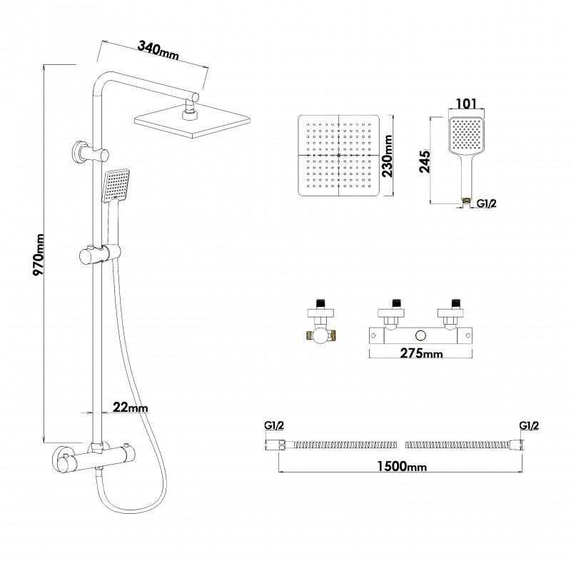 Zestaw prysznicowy czarny ścienny bateria natrysk z deszczownicą 23 cm