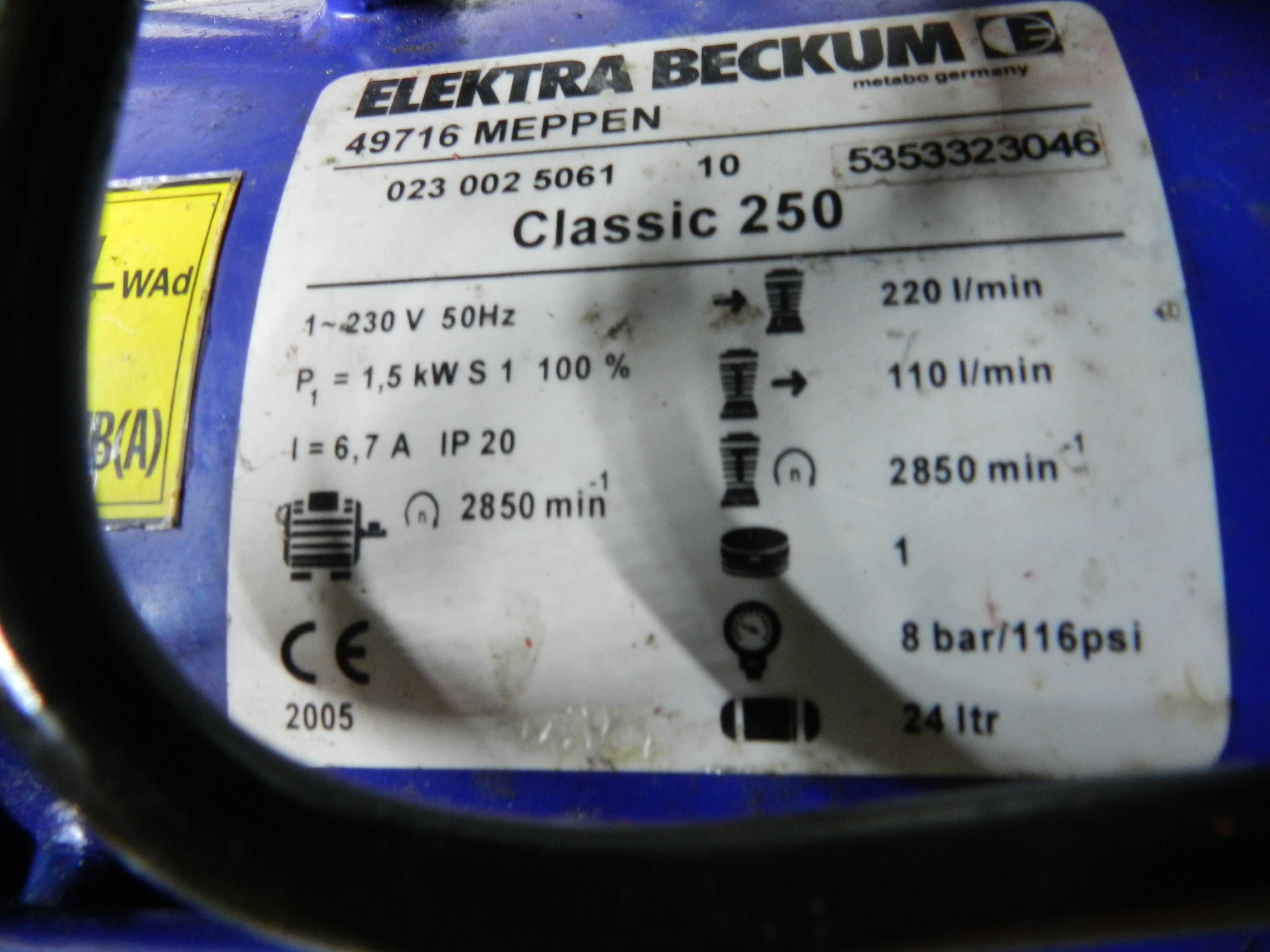 Kompresor jednotłokowy Electra Beckum Classic 250,  poj .24 l, 8 bar
