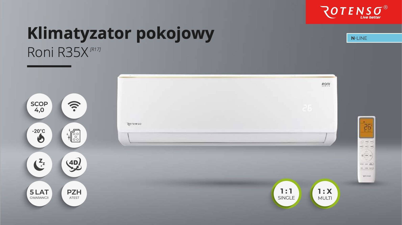 Raty 0% | Klimatyzator Rotenso Roni 3,5 kW – WiFi A++ | Nowa Sól