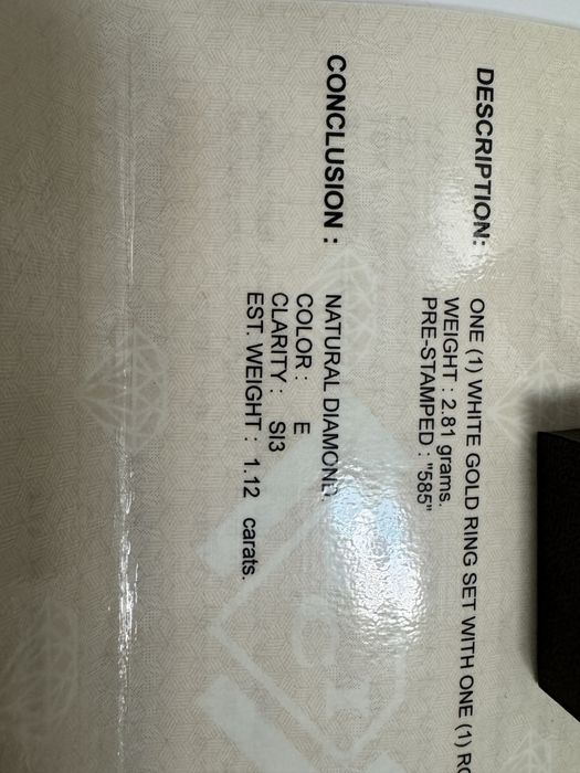 Zloty pierscionek z naturalnym diamentem 1,12ct E SI zareczynowy