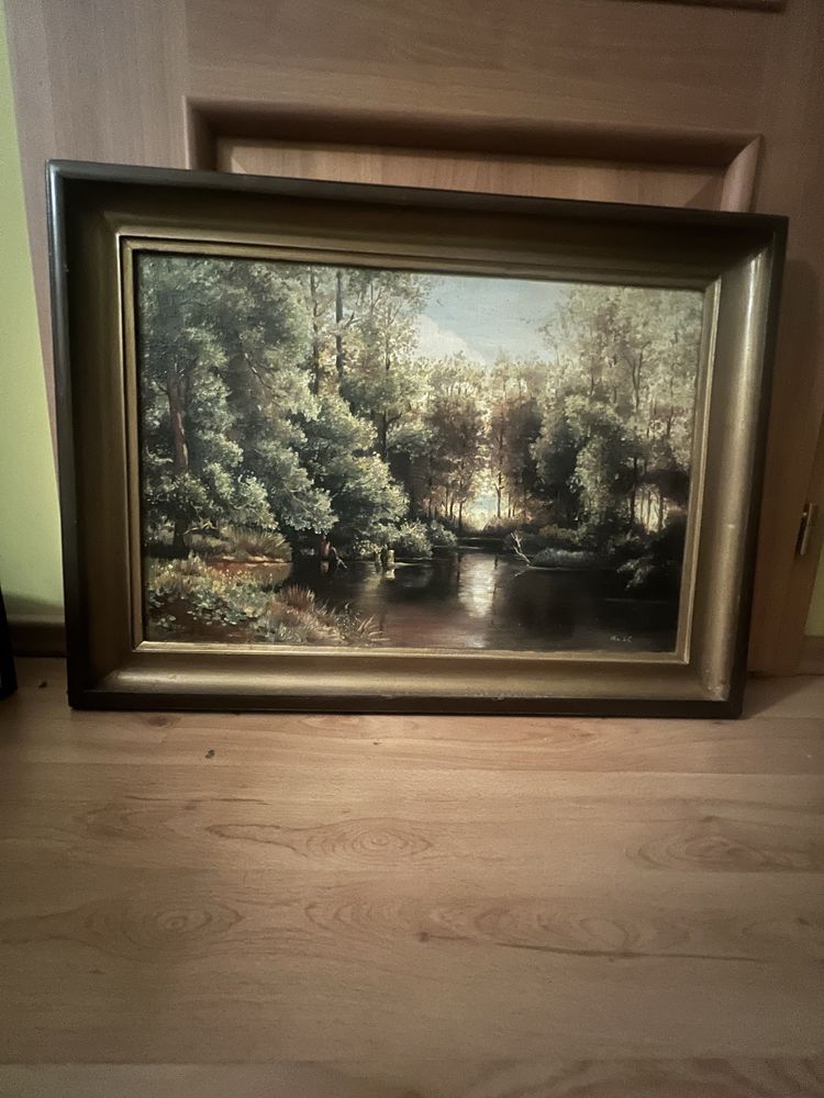 Stary Obraz las woda pejzaz drewniana rama jezioro rzeka natura