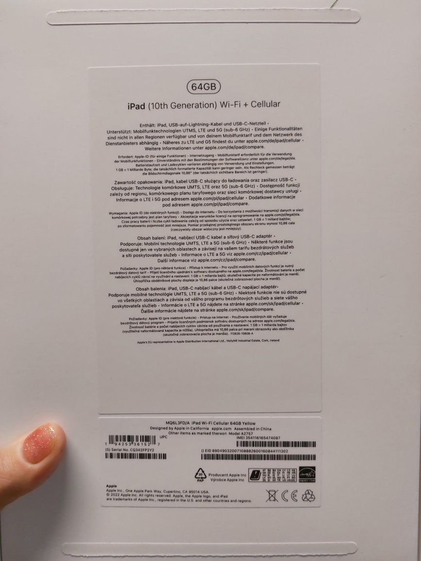 Apple iPad 10,9 10gen 64GB 5G wi-fi +cellular Żółty (MQ6L3FDA)