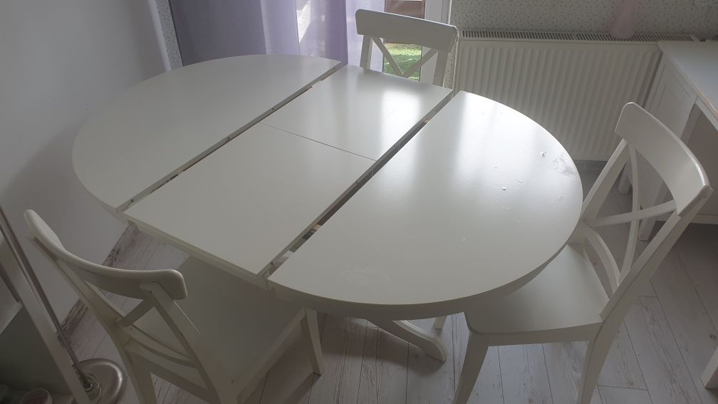 Stół okrągły rozkładany bialy IKEA Ingatorp śr. 110cm + 3 krzesła