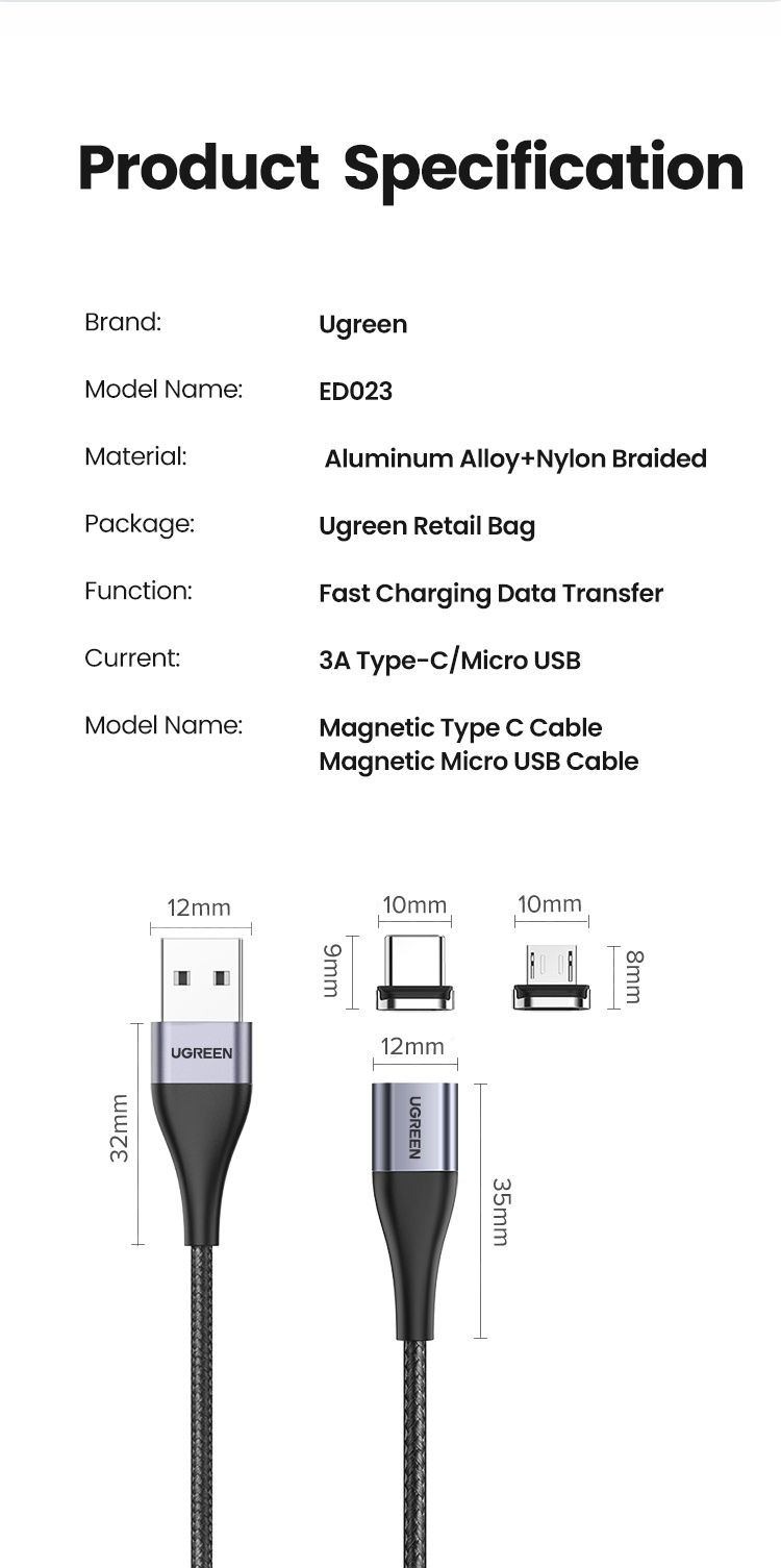 Магнітний кабель з конектором Type C UGREEN Швидке зарядження USB-C