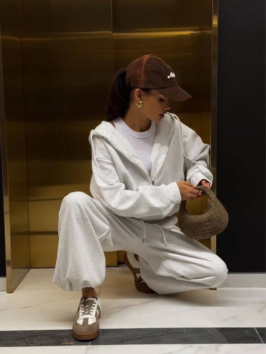 Женский костюм с начесом кофта с капюшоном и штаны прямые Серый меланж