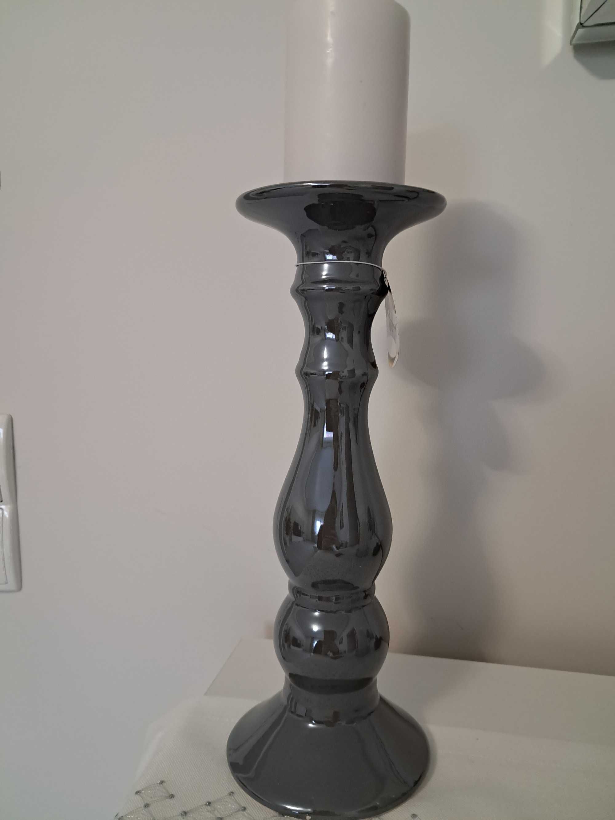 Świecznik ceramiczny, szary ,wysoki