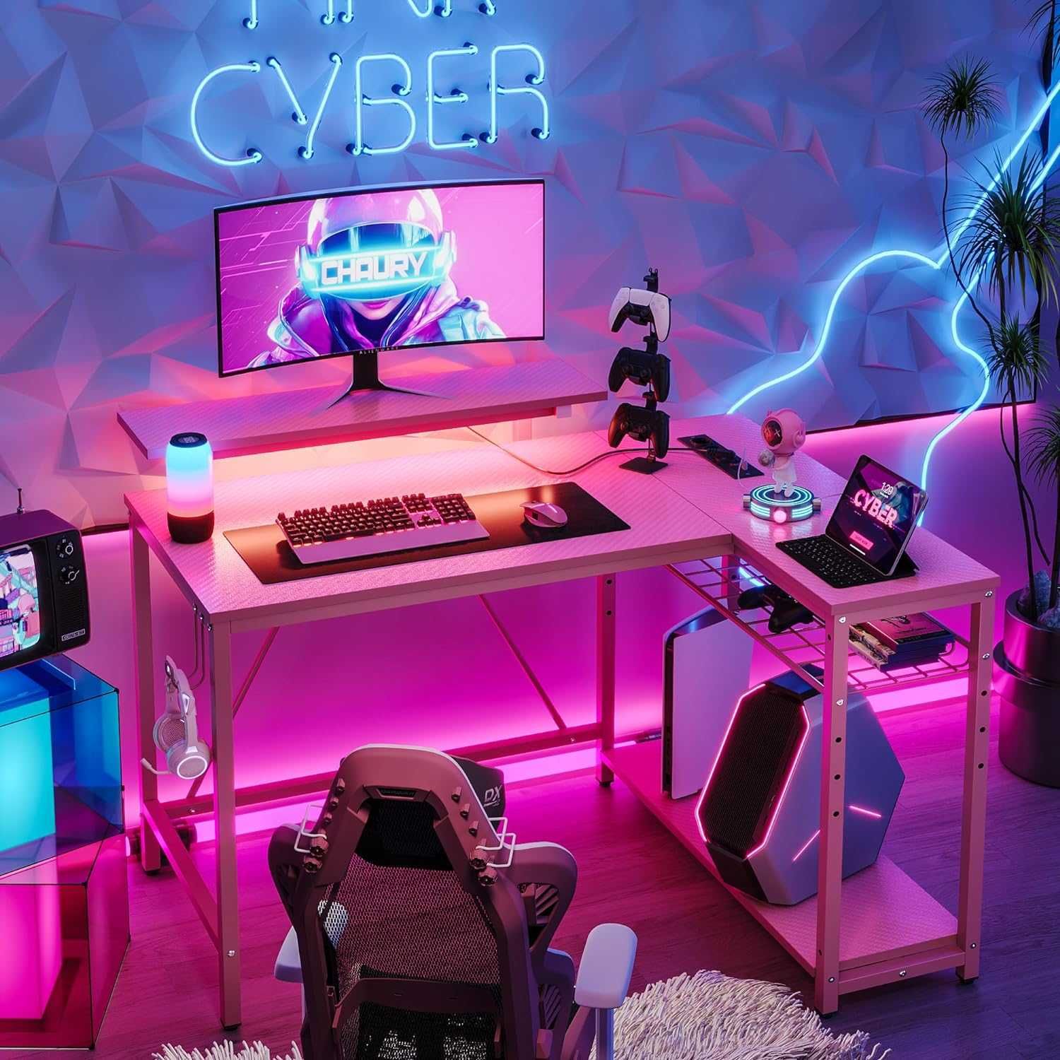 Mesa de gaming fibra de carbono secretária rosa 106x80 com LED /tomada