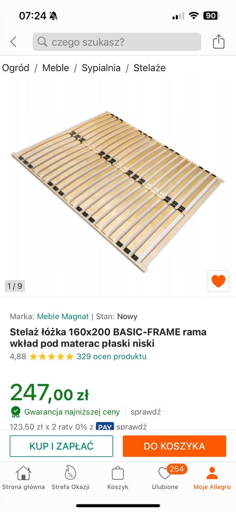 Stelaż łóżka 160x200 BASIC-FRAME rama wkład pod materac płaski niski