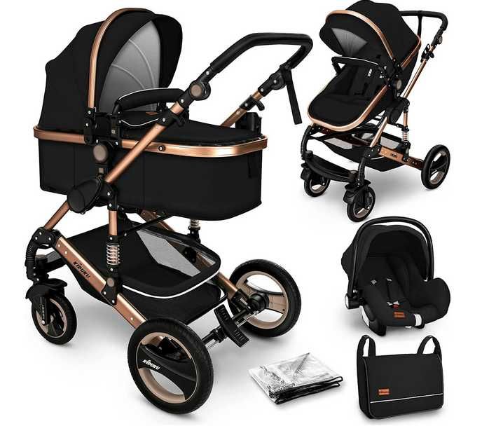 Kiduku wózek dziecięcy 3 w 1 w kolorze czarnym