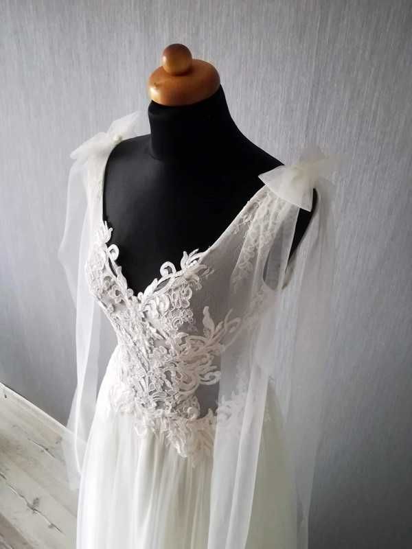 suknia ślubna boho r 36 ecru złamana biel + welon gratis