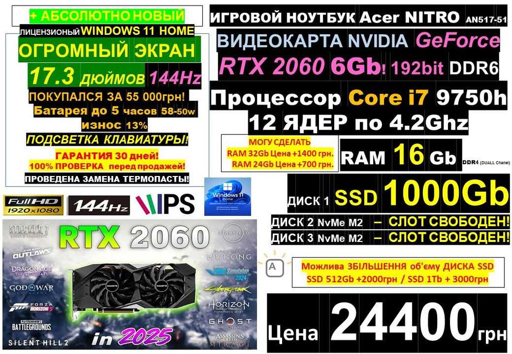 є90 Ноутбуків‼️Traid-In ACER 17.3‼️144Hz‼️RTX2060‼️i7/SSD 1Tb/RAM16-32