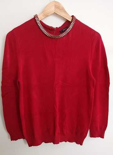 ZARA sweter czerwony rękaw 3/4 biżuteryjny naszyjnik złoty suwak M/38