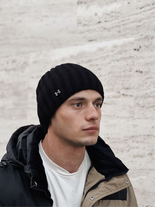 Мужская шапка Under Armour на флисе черная серая зимняя с отворотом