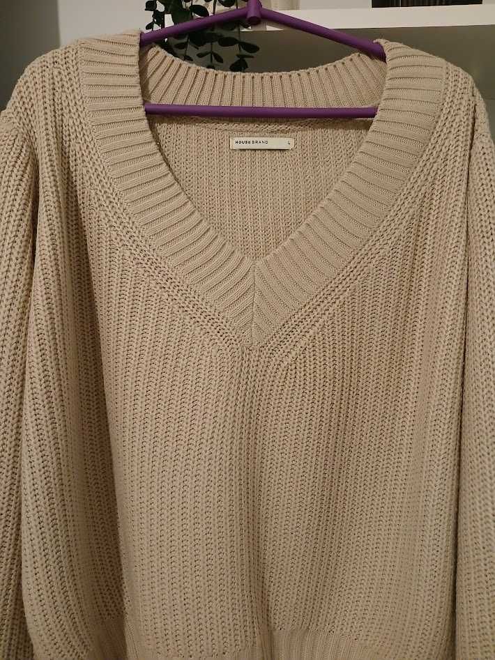 House, luźny beżowy sweter z dekoltem V damski, rozm. L/40