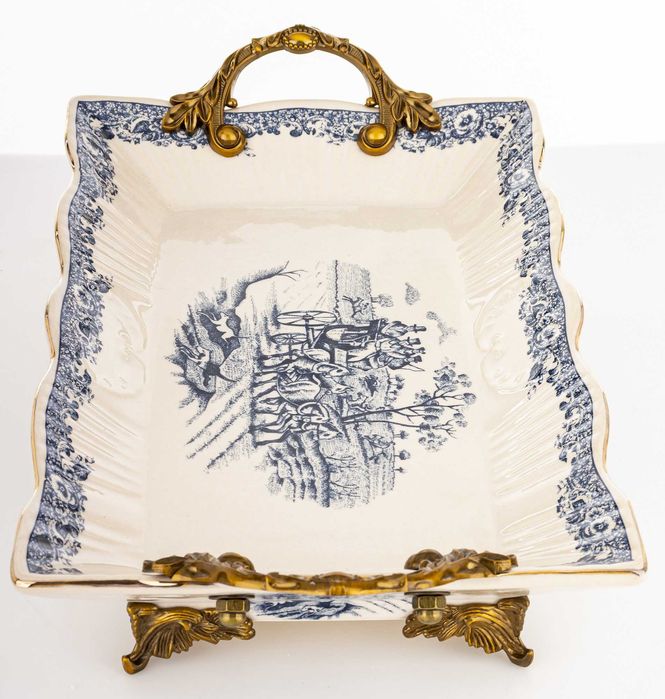 Dekoracyjna Stylowa Taca Misa Ceramiczna Biała Złota Na Nóżkach 182439