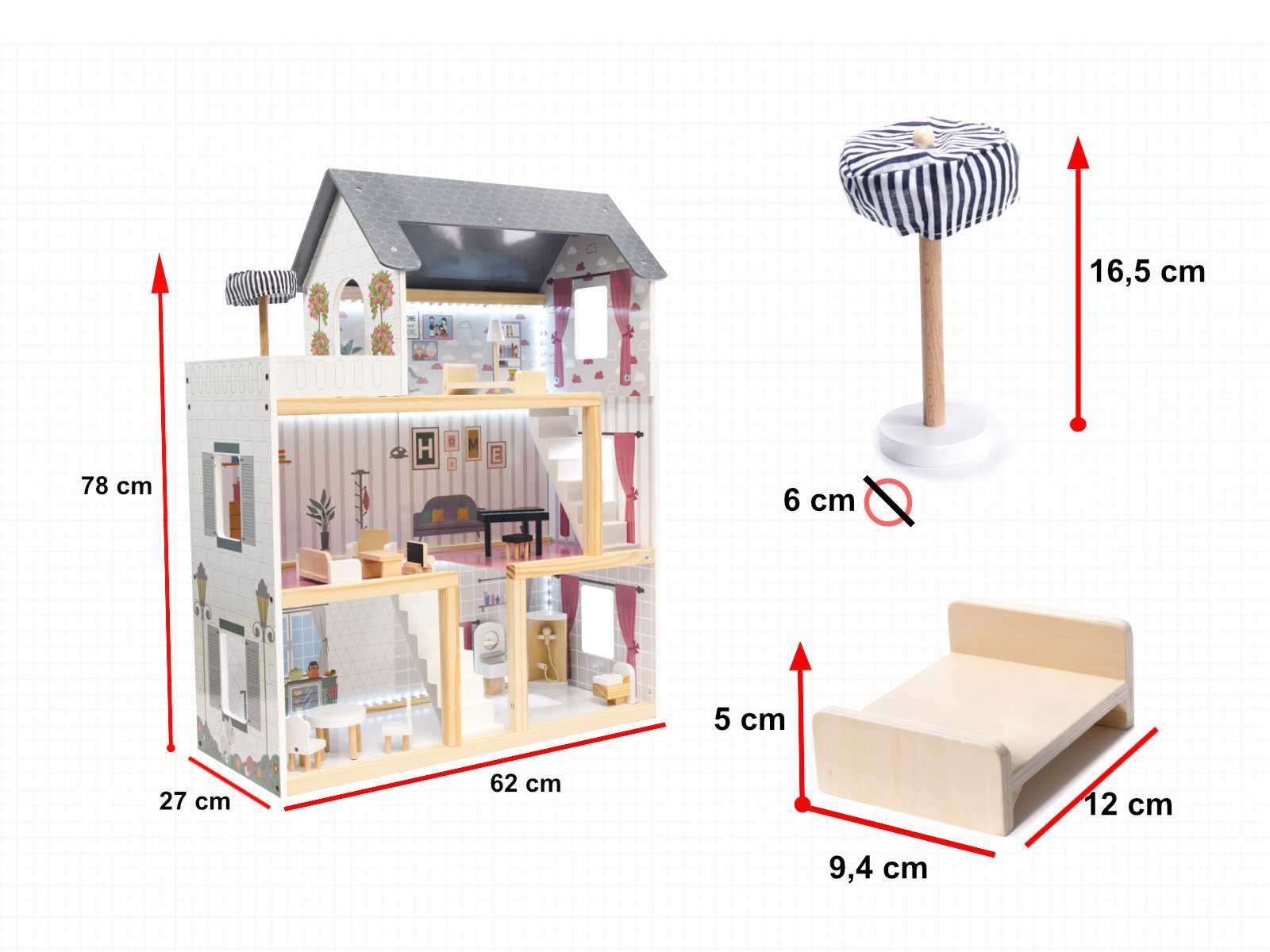MEGAAUTKA.PL Domek dla lalek drewniany + mebelki 78cm oświetlenie LED