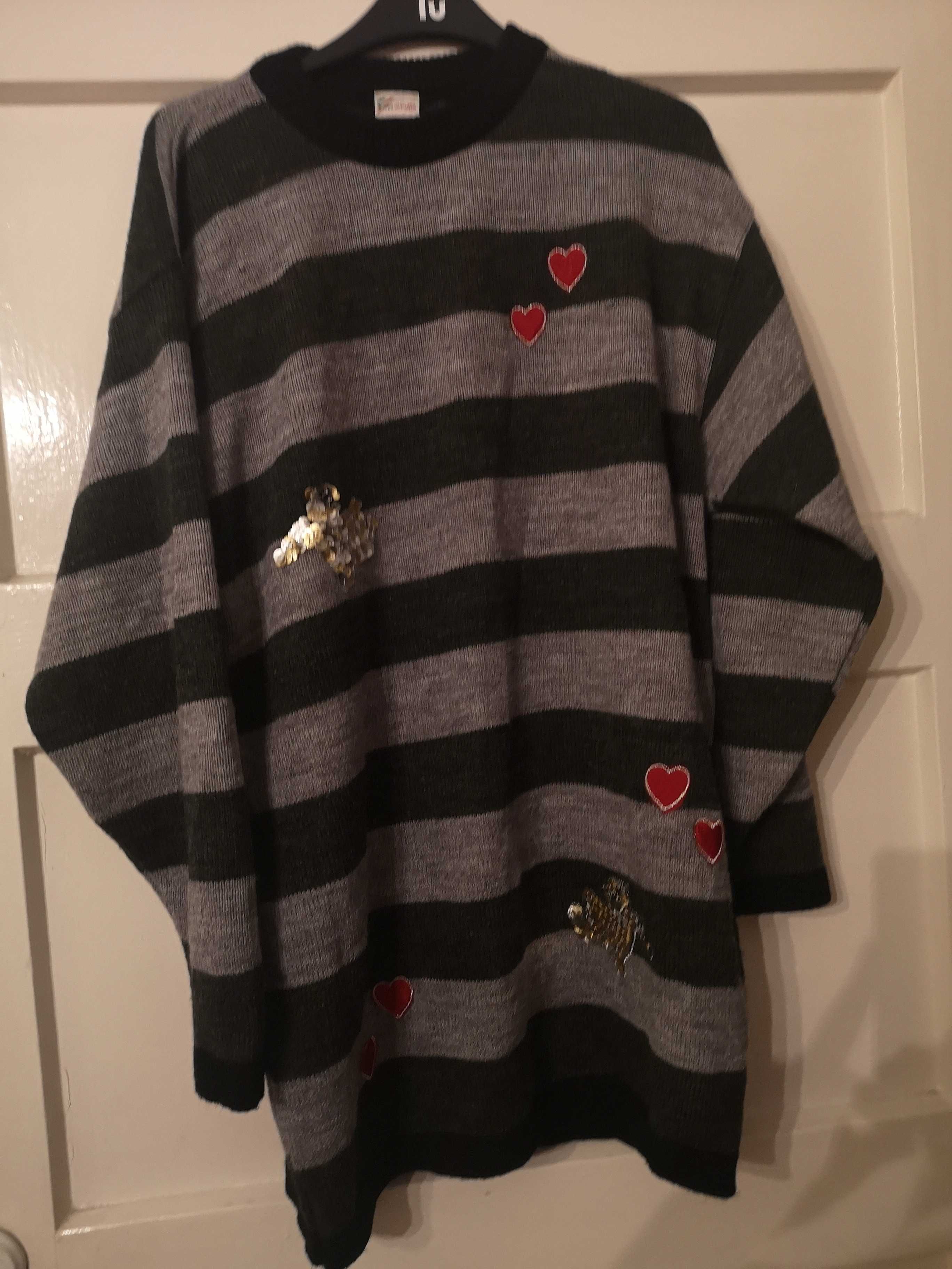 Sweter tunika wełniana w serca XL XXL