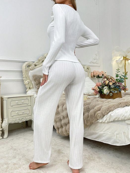 Piżama Komplet Domowy Prążkowany Biały Koszulka Spodnie Shein S 36