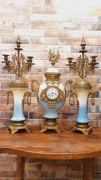 Zegar kominkowy porcelanowy antyk XIX wiek brąz porcelana ogromny 85cm