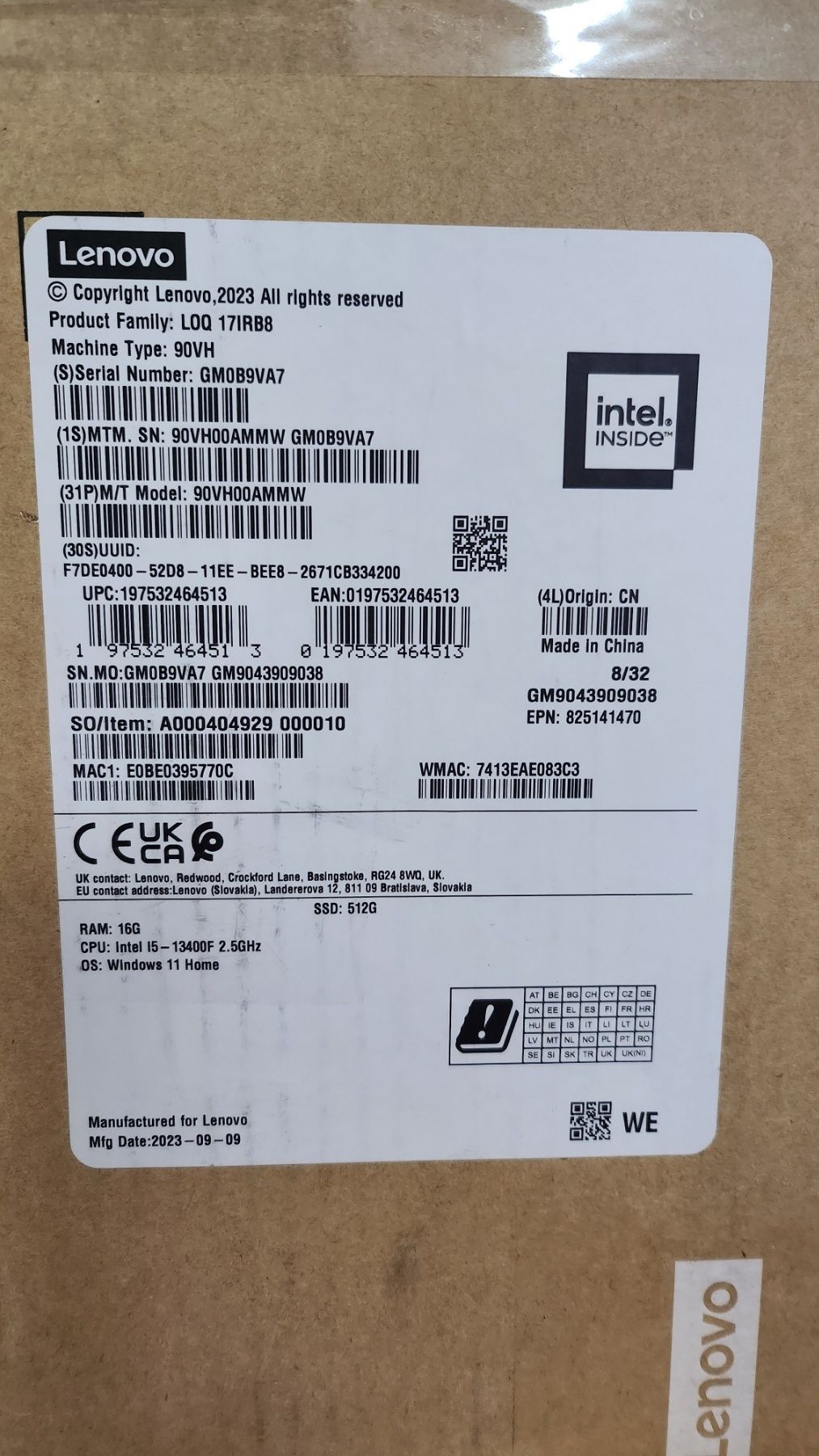 Персональный компьютер Lenovo LOQ 17IRB8 i5/16GB/1TB/NoOs,новый.
(90VH