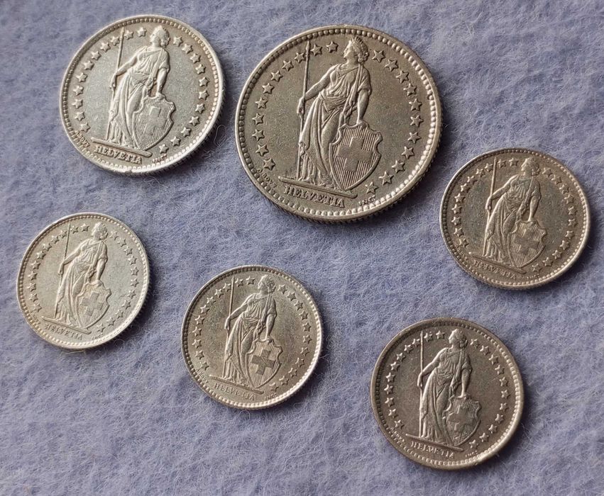 Срібні монети 1/2 франка, 1 франк 1946, 2 франки 1959 Швейцарія