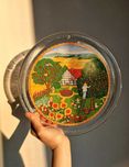 Szklany szwedzki witraż talerz okienny, vintage, ręcznie malowany 25cm