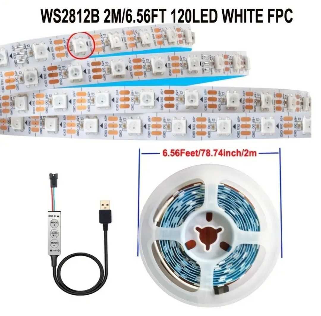 Адресна світлодіодна стрічка 2, 5 м.RGBIC WS2812b 60 на метр IP30 IP65