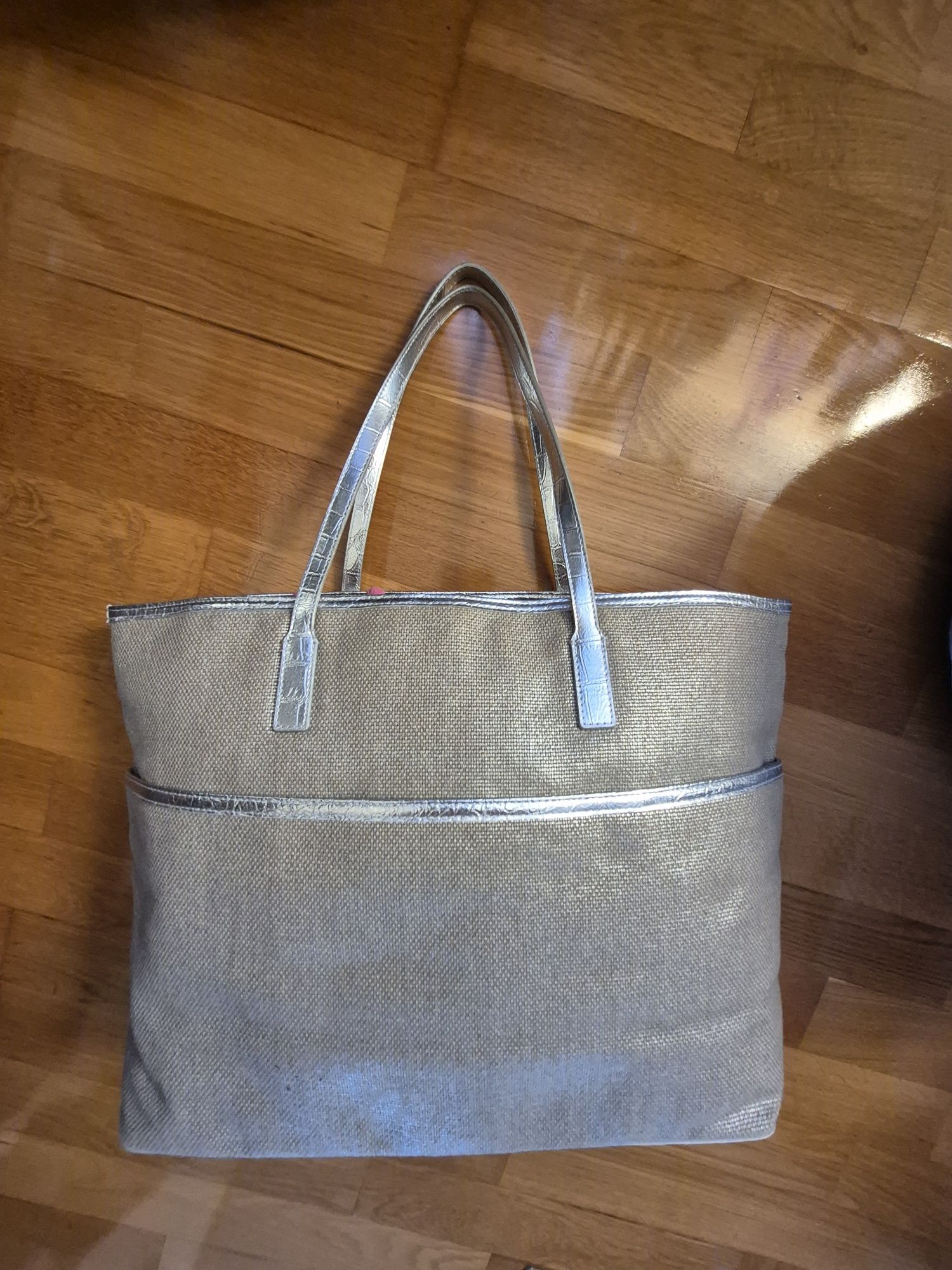 Michael Kors duża torebka srebrzone woskowane płótno torba na lato