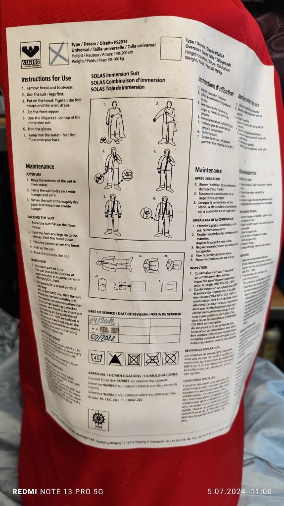 Skafander ratunkowy immersion suit Viking PS2004 rozmiar uniwersalny