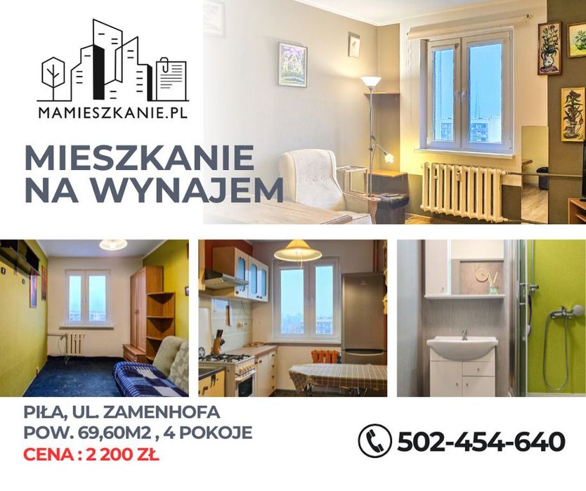 Piła – 4 pokoje, 69,5 m², Zamenhofa – wynajem