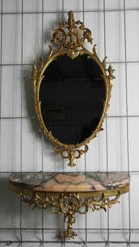 Piękne bogato zdobione lustro z konsolą z marmurem - Francja