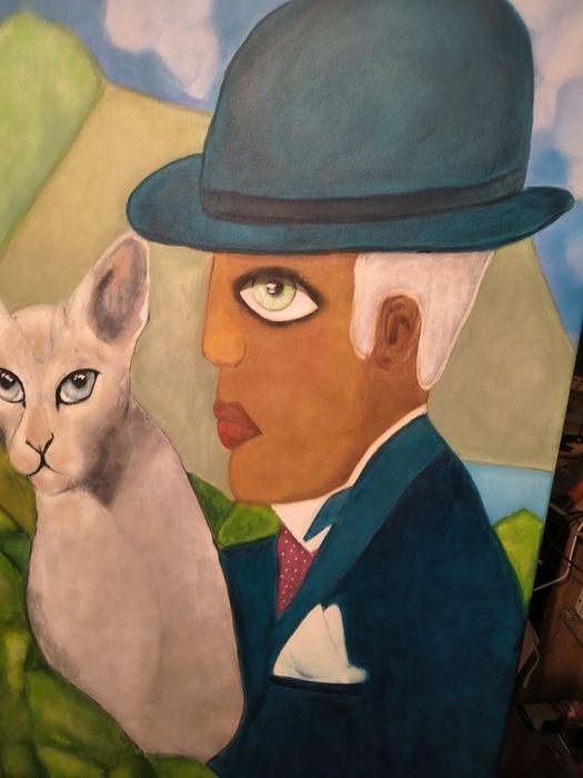 Obraz ręcznie malowany Pan z kotem 60x90 akryl