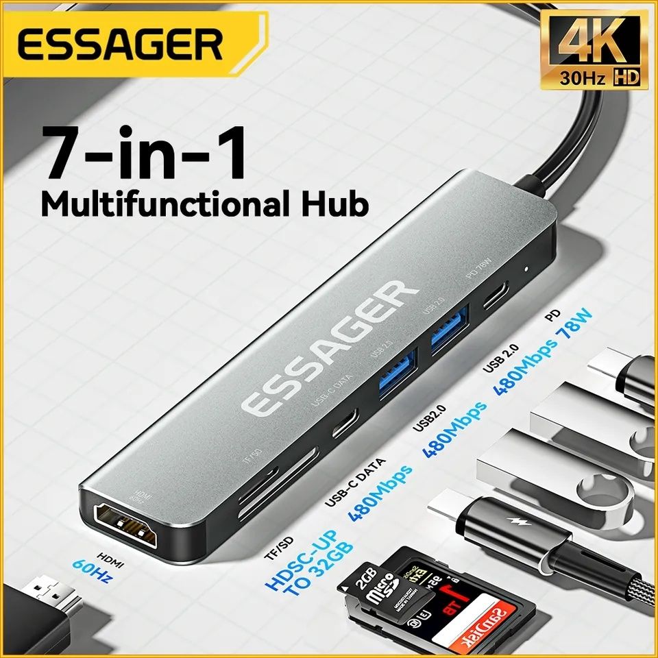 USB-концентратор ESSAGER 7 in 1, HDMI 4K, карт-ридер, SD,TF, HDMI, hub