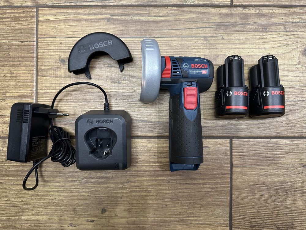 Szlifierka kątowa BOSCH GWS 12V-76 + 2x bateria 2AH + ładowarka