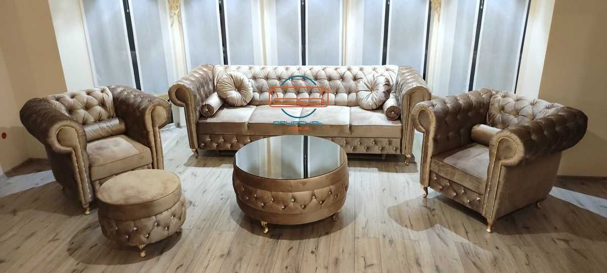 PRODUCENT Cheestefield sofa fotele stolik pufa kryształki NR. 1001