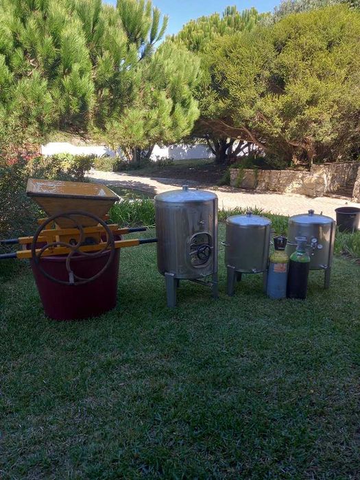 Esmagador, tina e depósitos para produção de vinho