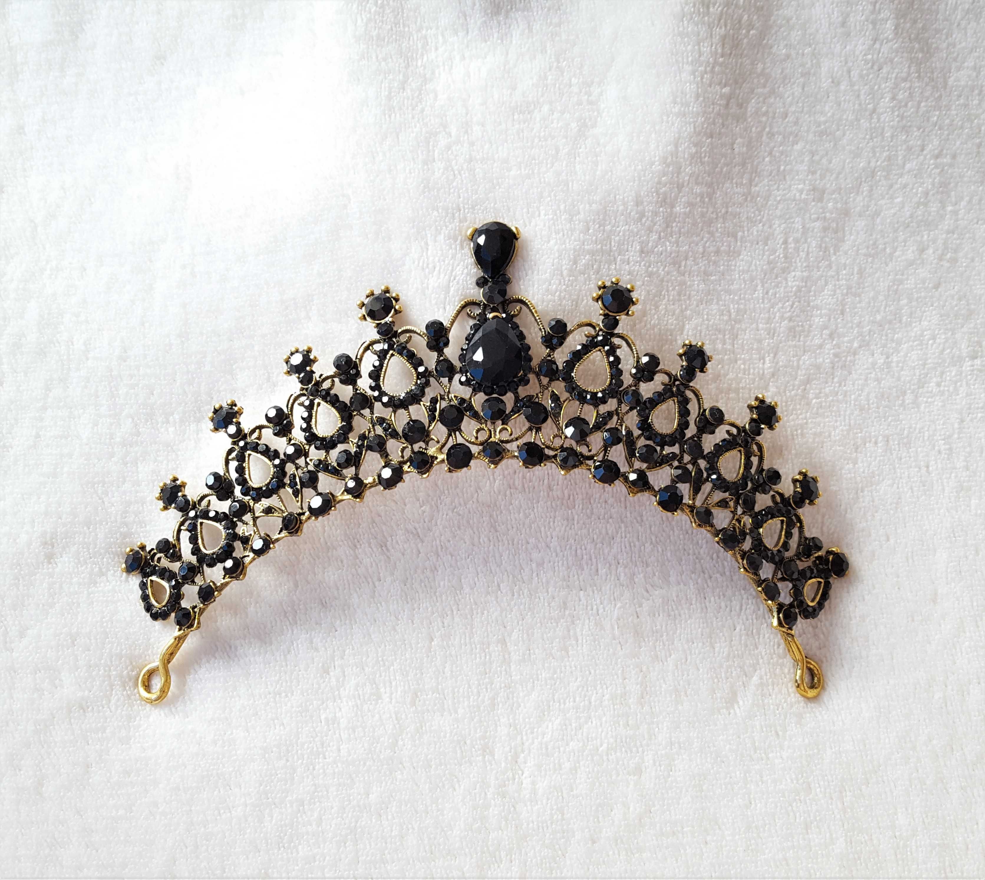Nowa korona diadem tiara opaska złoty kolor czarne kamienie wesele bal