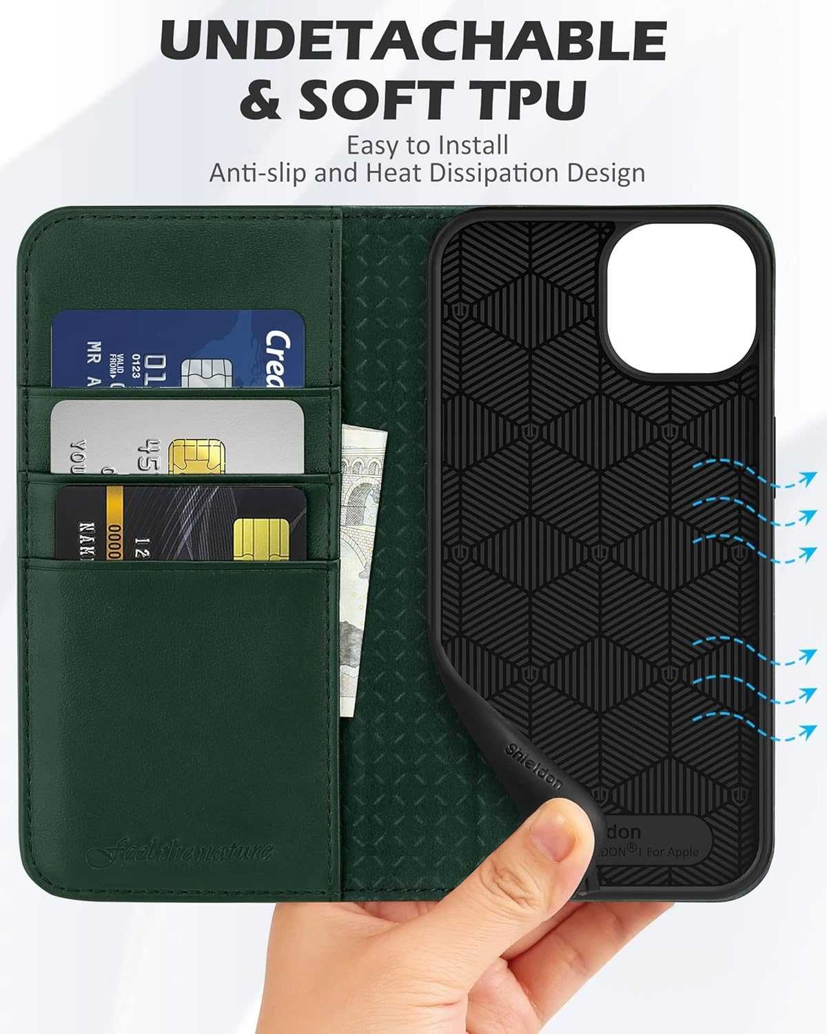 Etui na iPhone 13 SHIELDON Skórzane 2w1 z Portfelem Północna Zieleń