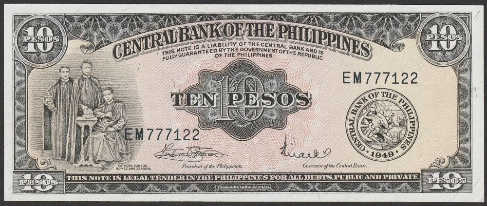 Filipiny 10 pesos 1949 - zakonnicy - stan bankowy UNC