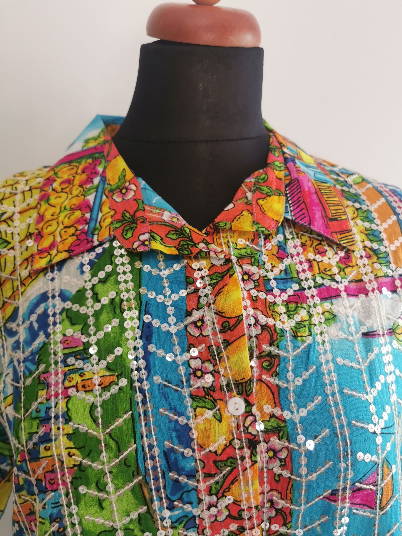 Śliczna kolorowa sukienka koszulowa handmade M/L bawełna