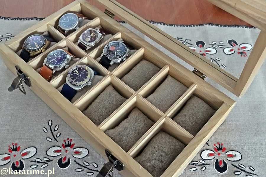 Skrzyneczka kasetka etui na 12 zegarków drewno ręcznie robiona