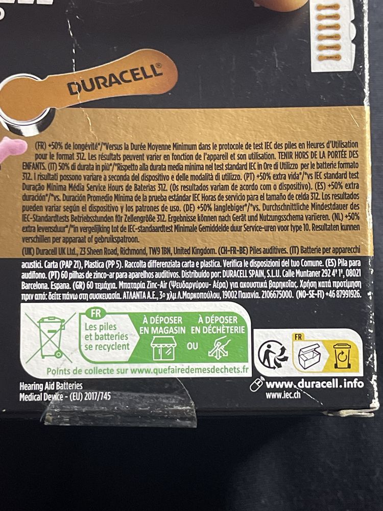 Baterie do aparatu słuchowego DURACELL listek 6 szt PR41 312