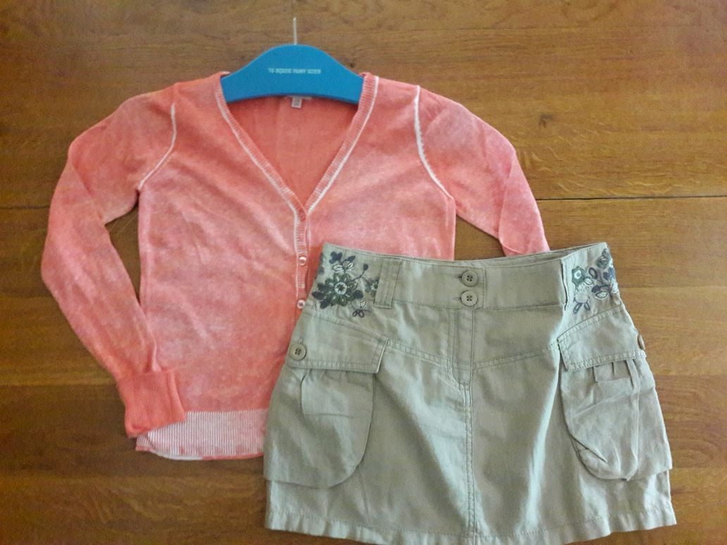 Stylowy zestaw sweter orange ombre/spódnica len haft r 140/146